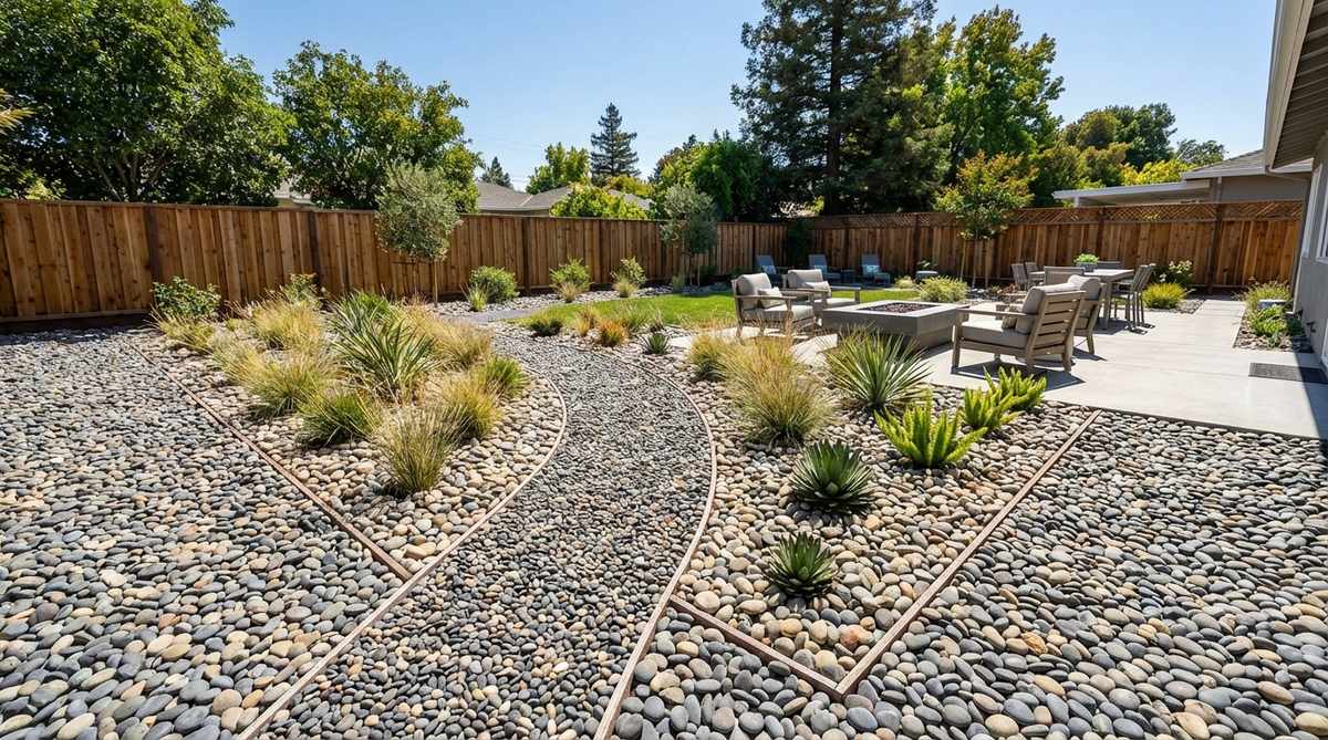 A modern garden featuring smooth river pebbles used as ground cover, creating a comfortable walking surface with excellent drainage. The uniform-sized stones in organic shapes soften geometric garden layouts while maintaining a refined, uncluttered appearance. Shows pebbles sized 1-2 inches for pedestrian areas and 2-3 inches for planted beds, with dark and light color variations demonstrating heat absorption and reflection properties.