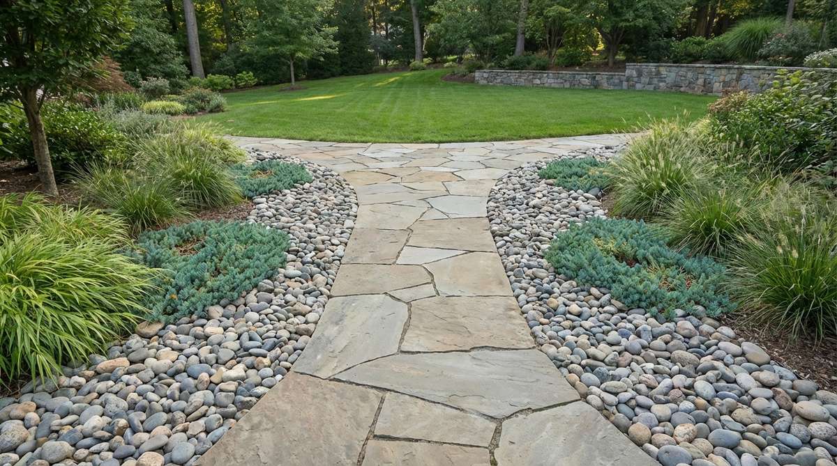 A stone garden wedding pathway featuring a central flagstone walking path flanked by wide borders of smooth river rocks, creating textural contrast. The river rock beds extend 2-3 feet on each side with low grasses or sedums planted between rocks for soft living texture. This ceremonial pathway design provides a grand 6-8 foot total width suitable for wedding processions.