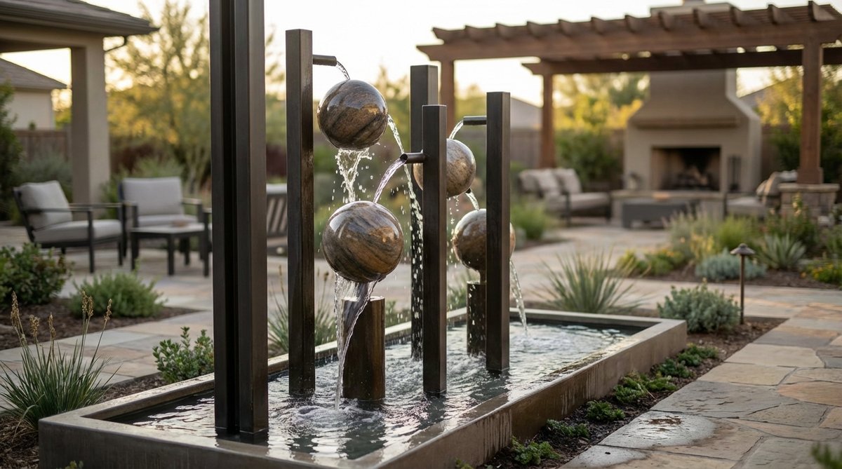 A contemporary garden fountain featuring motorized rotating spheres on vertical pillars, with water flowing over the spheres to create spiral patterns. This kinetic sculpture offers dynamic viewing perspectives and is enhanced by multi-angle lighting to eliminate shadows.