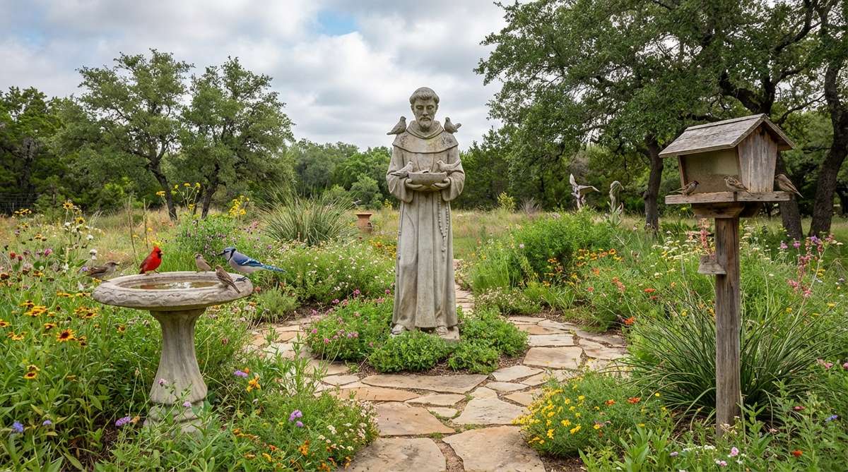 A stone garden statue depicting Saint Francis, the patron saint of animals and ecology, surrounded by birds. This piece appeals to gardeners who prioritize habitat creation and environmental stewardship, ideal for installation near birdbaths or feeders where real wildlife congregates.