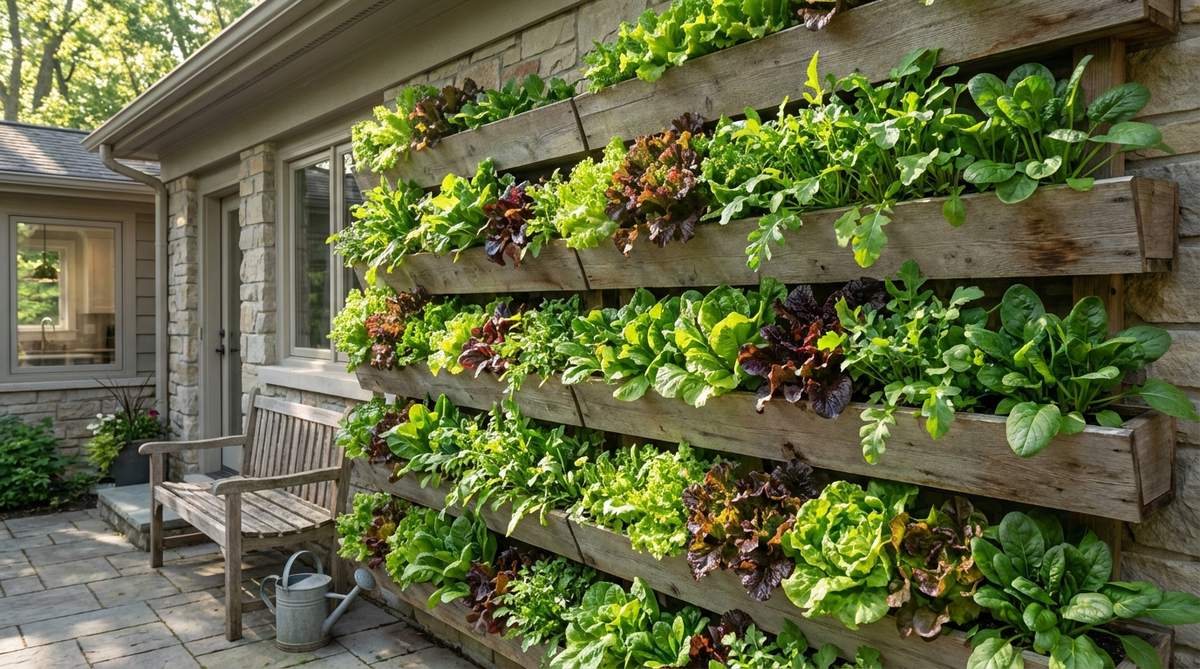 A vertical garden wall featuring shallow troughs densely planted with lettuce, arugula, and spinach for continuous harvest. The mixed greens create a tapestry of textures and colors, providing fresh produce near the kitchen with morning sun and afternoon shade to prevent bolting.