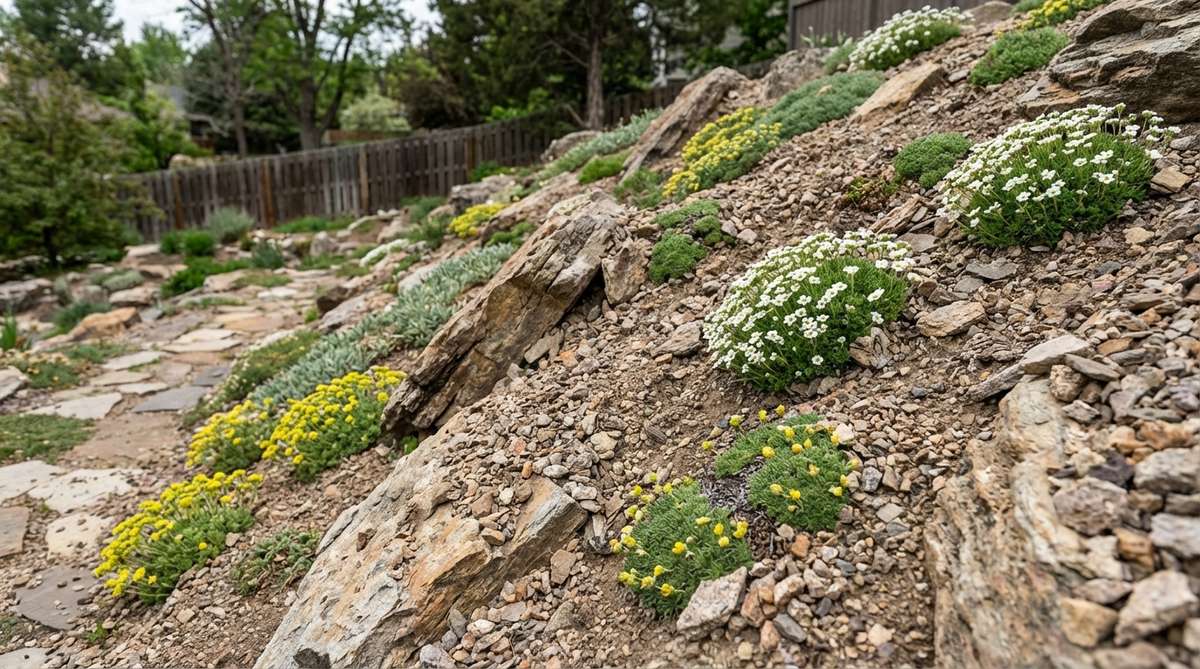 A steep 30-degree scree garden slope mimicking high-altitude conditions, featuring sharp drainage with gravel-rich soil and specialized alpine plants like androsace and draba thriving in this harsh environment.