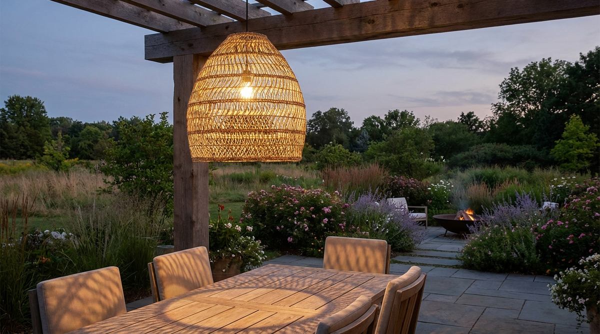 Woven seagrass pendant light fixture casting intricate shadow patterns and providing warm, ambient illumination, ideal for dining areas or bedroom corners in earthy boho decor settings.