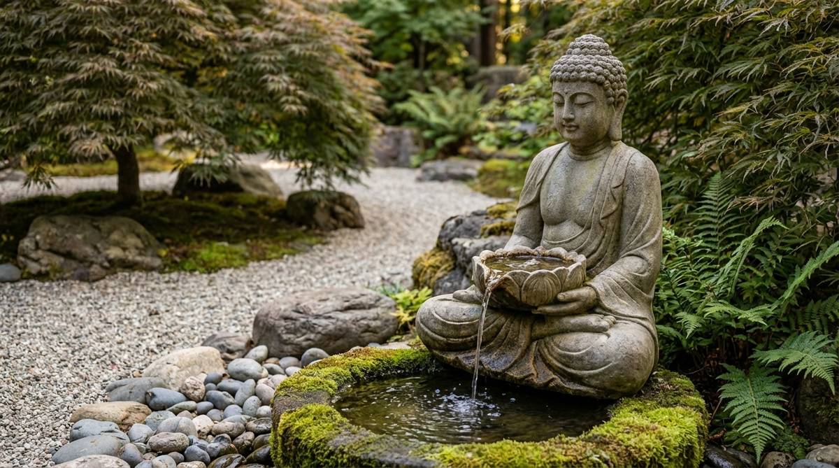 A serene Buddha statue in meditation posture, holding a lotus-shaped bowl that collects and overflows with water, symbolizing purity and mindfulness in a Zen garden setting.