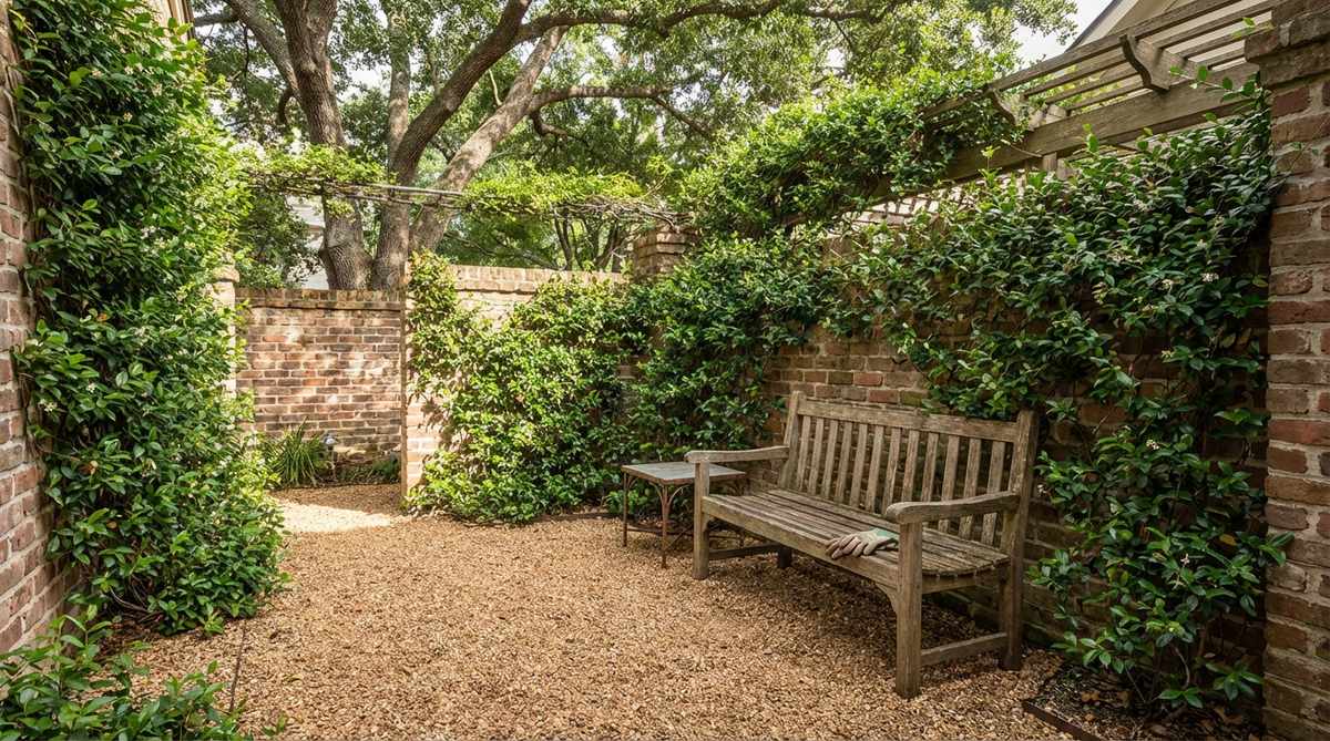 A small, private courtyard garden with a pea gravel floor, enclosed by walls and climbing vines. Features a bench and side table, with filtered sunlight through overhead branches. The gravel provides natural security with audible footsteps.