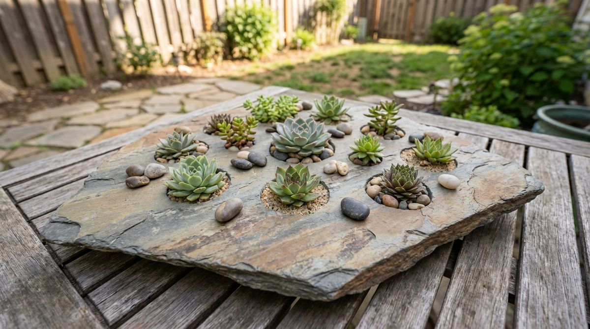 A creative mini garden featuring a large flat slate tile with drilled depressions holding small succulent plants, accented with river pebbles and sand between plantings. This permanent installation showcases natural slate grain patterns complementing organic succulent rosettes, suitable for outdoor tables or as a centerpiece.