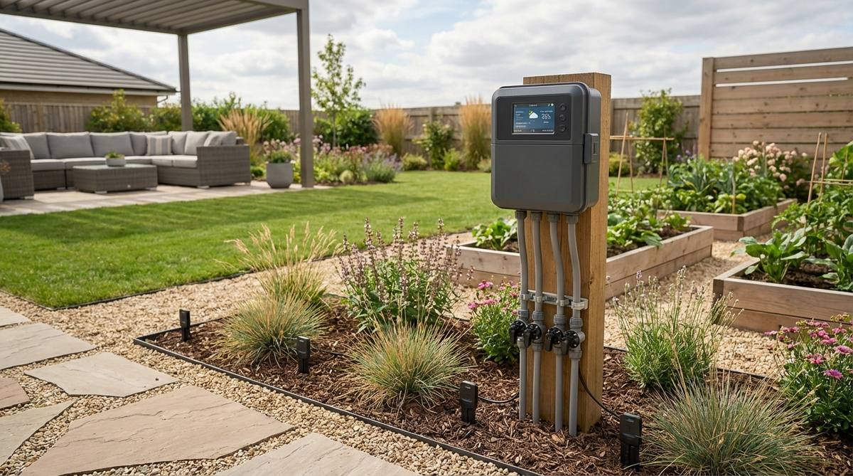 A smart irrigation controller installed in a modern garden, adjusting watering schedules based on weather data and soil moisture sensors to optimize water use and plant health.