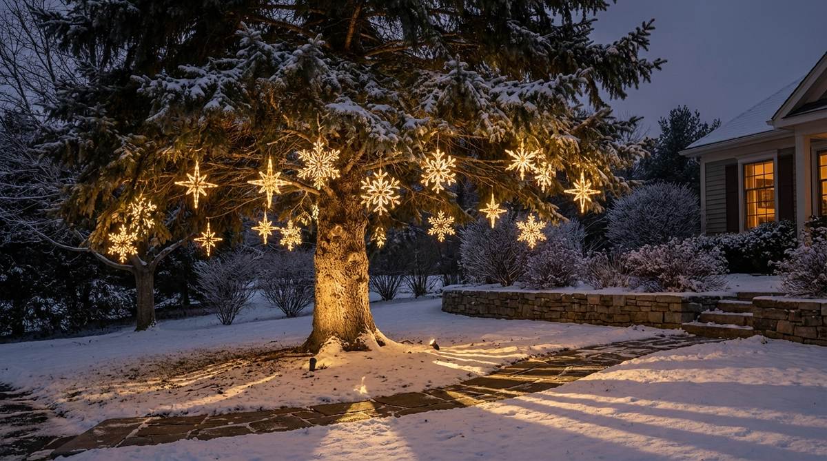 A beautifully decorated outdoor tree with lighted snowflake and star motifs hanging from branches, creating a winter wonderland effect with three-dimensional depth and shadows from ground-level uplighting. Weather-resistant decorations suitable for cold climates down to -20°F.
