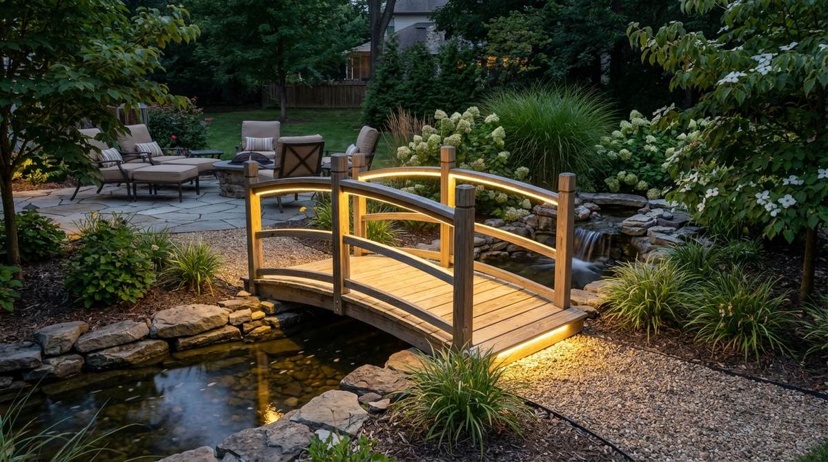 A small garden bridge illuminated by integrated solar-powered LED lights during evening hours, creating a magical ambiance over water features with safe, gentle lighting along deck and railings.
