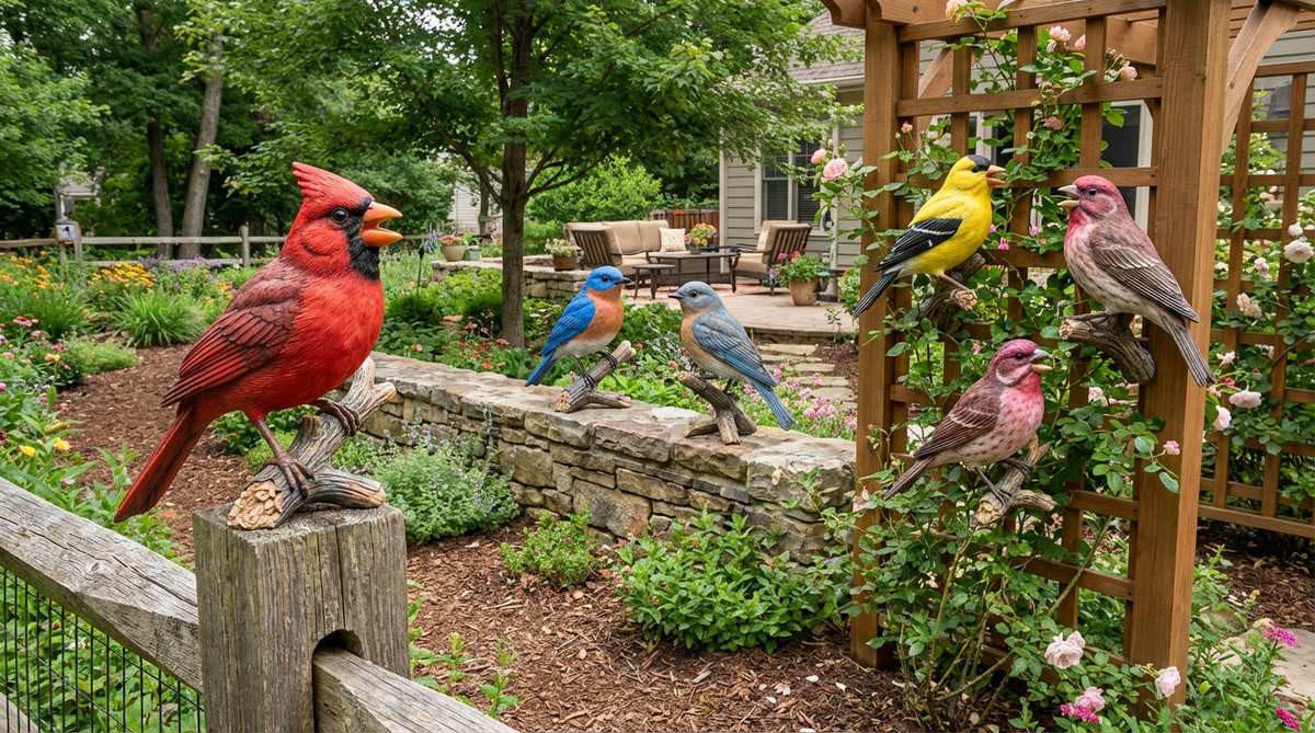Hand-painted songbird perch sculptures featuring cardinals, bluebirds, and finches captured mid-song on decorative branches. These 6-10 inch garden decor statues are designed to mount on fence posts, garden walls, or integrate into trellis structures, with accurate plumage colors to distinguish species and celebrate regional bird populations.