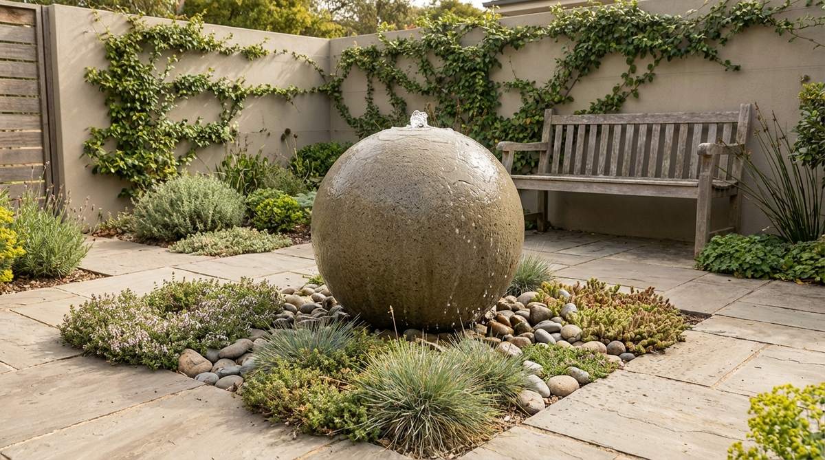 A cast stone sphere fountain with water flowing from its apex, serving as a sculptural focal point in a contemporary small garden courtyard. Surrounded by low groundcover plants, it adds mesmerizing movement and geometric form while organizing circulation at a central or pathway intersection location.