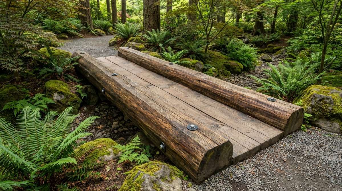 A natural-looking split log bridge with a flattened walking surface, blending into a woodland zen garden setting. The bridge features large logs split lengthwise with the flat side up, showing bark texture and organic character, secured with galvanized lag bolts and treated with penetrating oil for safety.