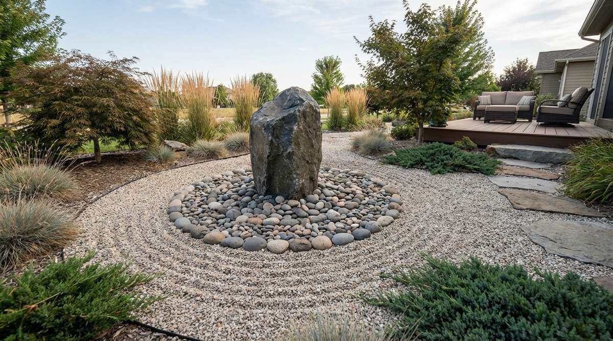A zen garden arrangement featuring a central upright boulder surrounded by concentric rings of smaller stones, representing a spring source with water-like energy flow. Includes raked circular patterns radiating outward, symbolizing renewal and creative life force.