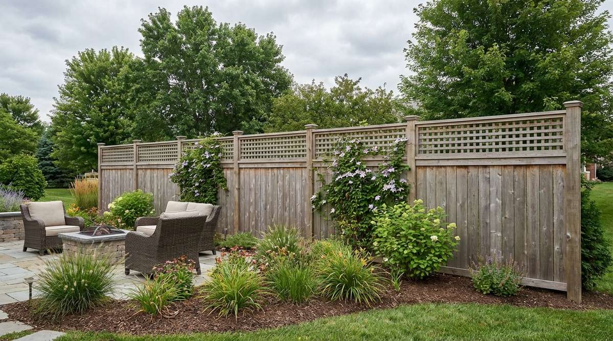 A garden fence design featuring a six-foot solid privacy base topped with twelve to eighteen inches of square lattice. The lattice softens the fence profile while allowing sky views and light passage, preventing the closed-in feeling of solid eight-foot fences. The lattice grid size is matched to the overall fence scale, with larger yards accommodating wider grid spacing, and is secured between decorative trim for finished integration.