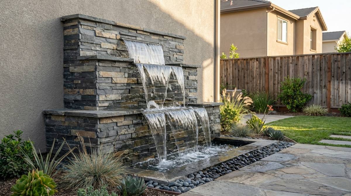 A contemporary stone garden fountain featuring horizontal slate pieces mounted on a wall, creating stepped waterfalls with rhythmic water cascades from shelf to shelf. This design is ideal for modern exterior walls and courtyard privacy screens, adding dynamic water movement to complement architectural lines.