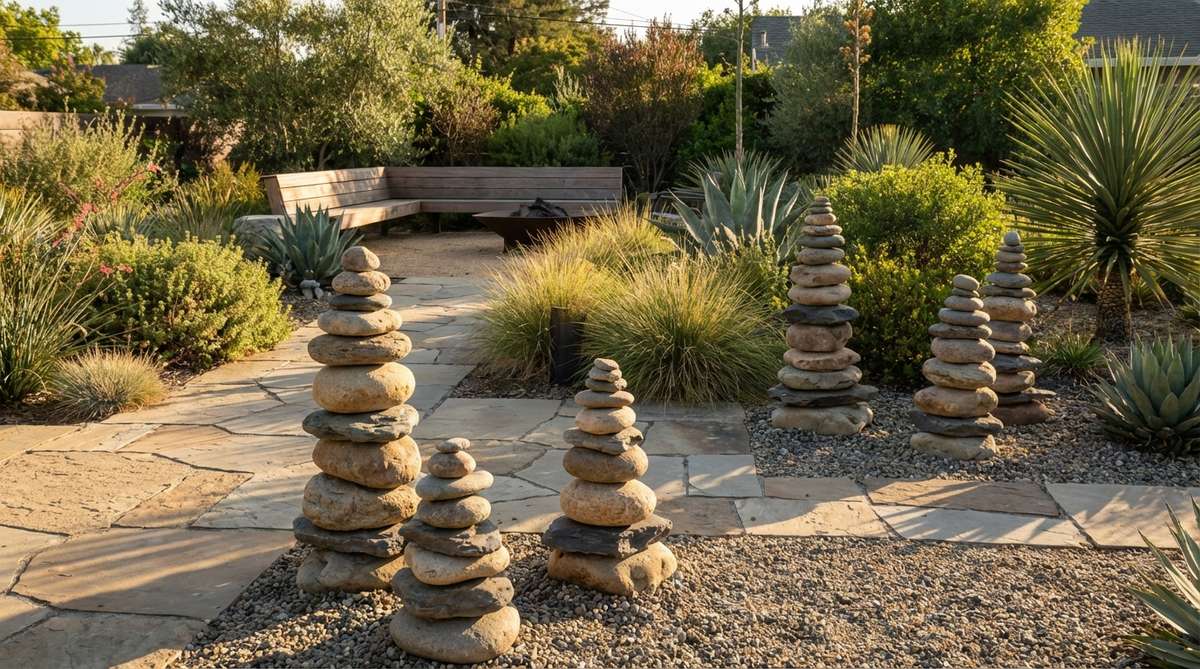 A modern garden decor feature showing carefully balanced stacked stone cairns in geometric arrangements. Natural stones in similar tones create vertical markers that serve as meditation focal points or pathway accents, demonstrating intentional placement in contemporary landscape design.