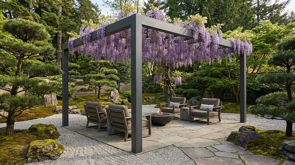 A minimalist steel pergola with powder-coated beams supporting flowering wisteria vines, creating a beautiful contrast between industrial structure and organic blooms in a modern Japanese garden setting.