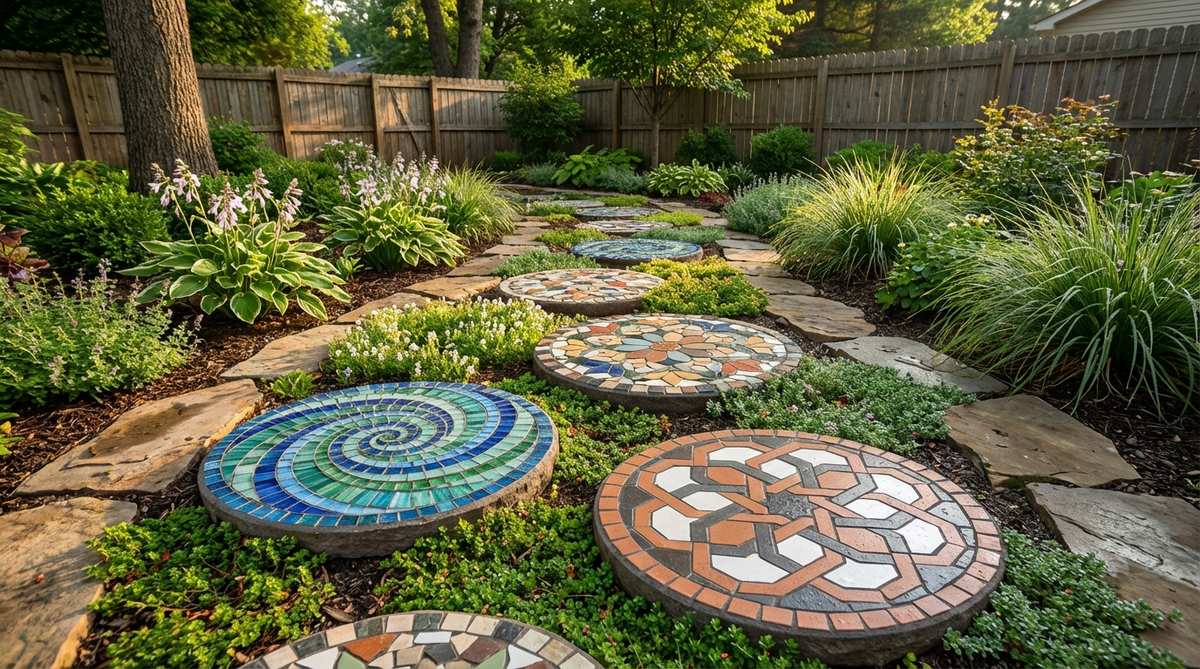 A close-up view of decorative mosaic stepping stones in a garden setting, featuring intricate spiral, floral, and geometric patterns within 16-24 inch diameters. These portable mosaic medallions serve as artistic ground-level accents that create functional pathways through planted areas while protecting lawns from wear.