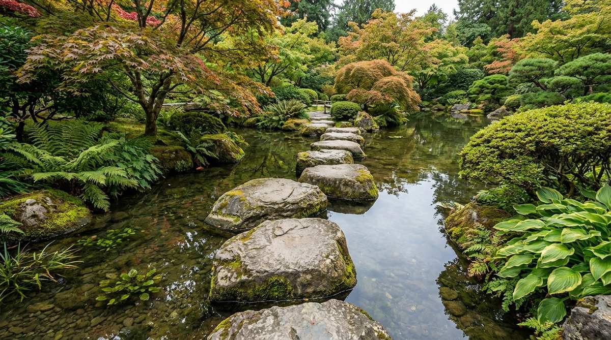 A close-up view of a stepping stone sequence in a Japanese garden bridge, with individual stones placed at intervals to create a discontinuous path over water. The stones are set 18-24 inches apart, embedded deeply with top surfaces slightly above the water level, emphasizing intentional movement and mindful engagement as part of Zen principles.