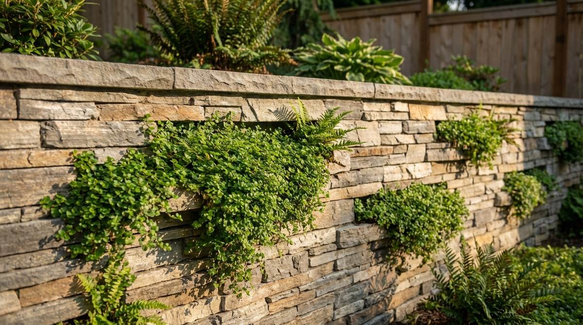 A close-up view of a stone veneer accent wall featuring thin-cut natural stone in a stacked ledgestone pattern, creating horizontal visual movement. The wall includes integrated planting pockets where lush green plants emerge between the stone courses, softening the hard material and establishing cohesion with surrounding garden plantings.