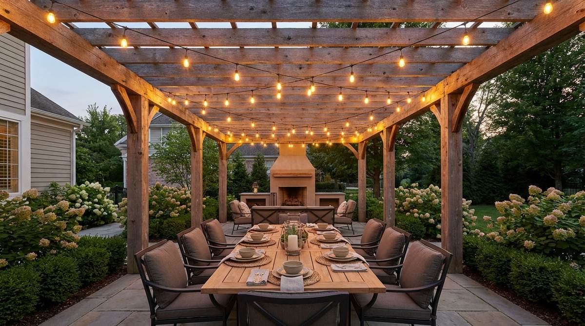Edison bulb string lights draped in crisscross patterns across pergola beams, providing warm overhead illumination for garden dining areas with dimmable options for adjustable lighting as natural light fades.