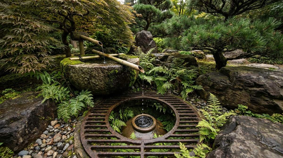 An inverted ceramic vessel buried underground in a Japanese garden, with water droplets falling into the chamber to create resonant bell-like tones that complement the visual water feature.