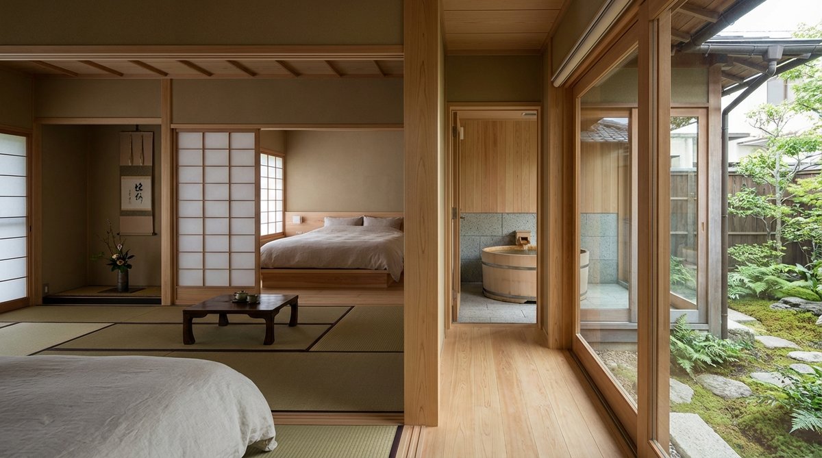 A serene interior view of a sukiya-style guest house, showcasing a traditional Japanese tea ceremony space integrated with sleeping quarters. Features include sliding shoji screens, interior corridors (roka), and a compact wet room with a Japanese soaking tub (ofuro), illustrating multi-room layouts and sukiya-zukuri principles for extended stays.