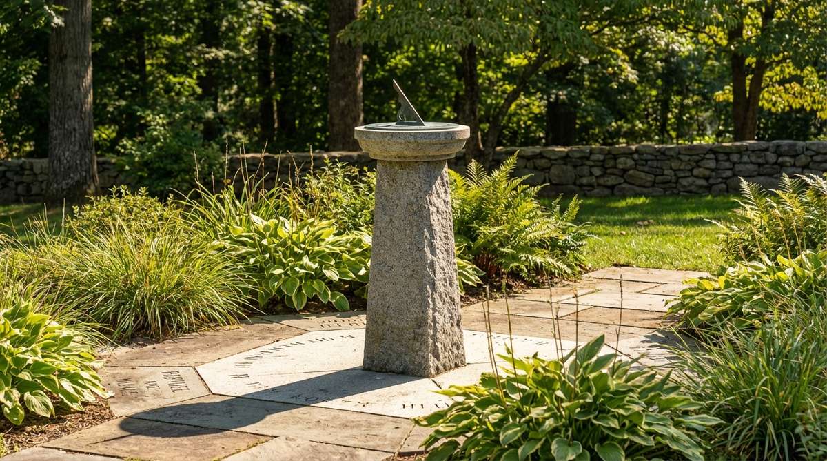 A granite cap integrated with a sundial on a stone garden obelisk, showing the gnomon casting shadows onto ground markers for time and seasonal solar positions, with precise north-south alignment for accuracy.