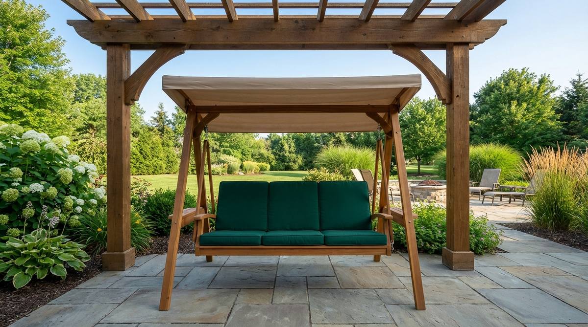 A three-seat porch swing with a retractable canopy, suspended from an A-frame or pergola beam, featuring weatherproof cushions and positioned for optimal view and safety in outdoor patio decor.