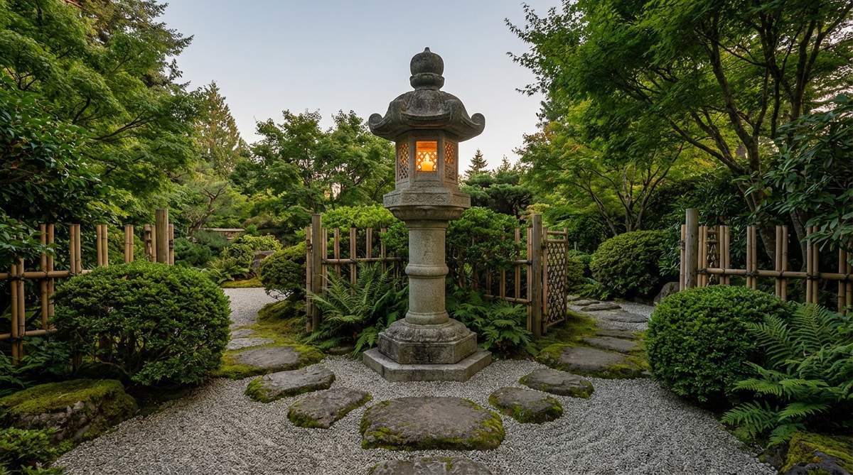 A tall tachi-gata or pedestal lantern, standing 6-8 feet high on an octagonal base, illuminating a ceremonial garden entrance. Intricate carvings on the fire box panels create decorative patterns with candlelight, ideal for focal points in Zen gardens.