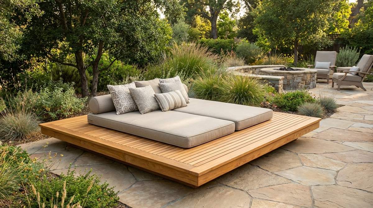 A solid teak daybed platform with slatted design for water drainage, showcasing warm honey tones and natural wood grain. The platform supports thick cushions for lounging comfort and is shown in a garden with organic design themes, highlighting its stability and weather-resistant properties.