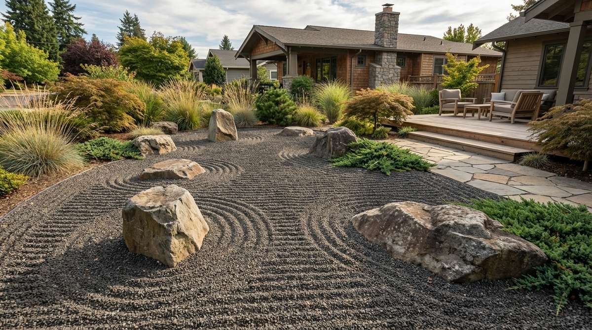 Partially buried stones emerge at various heights from gravel in a Japanese stone garden, suggesting tidal fluctuations with some rocks showing only tops while others reveal more mass. Horizontal rake lines around exposed stone portions create high-water marks, reinforcing the tidal metaphor across multiple stones. This design teaches natural rhythms and cycles, working effectively in wider gardens where stones at various heights create convincing tide patterns.