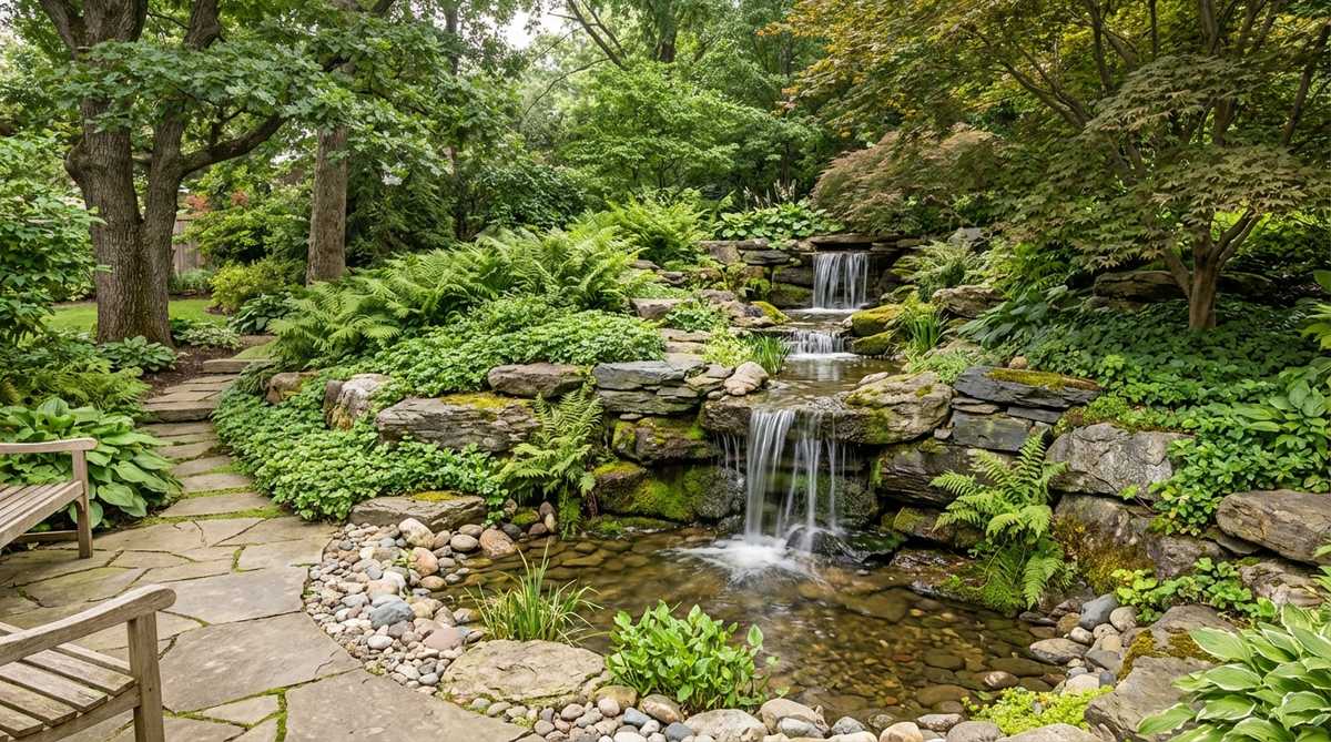 A multi-level waterfall made from stacked natural stones, creating cascading water with soothing white noise, ideal for tropical gardens. Features shallow catch pools between tiers, concealed pump systems within rock formations, and lush ferns and moss planted around wet stones to achieve an authentic rainforest grotto effect.