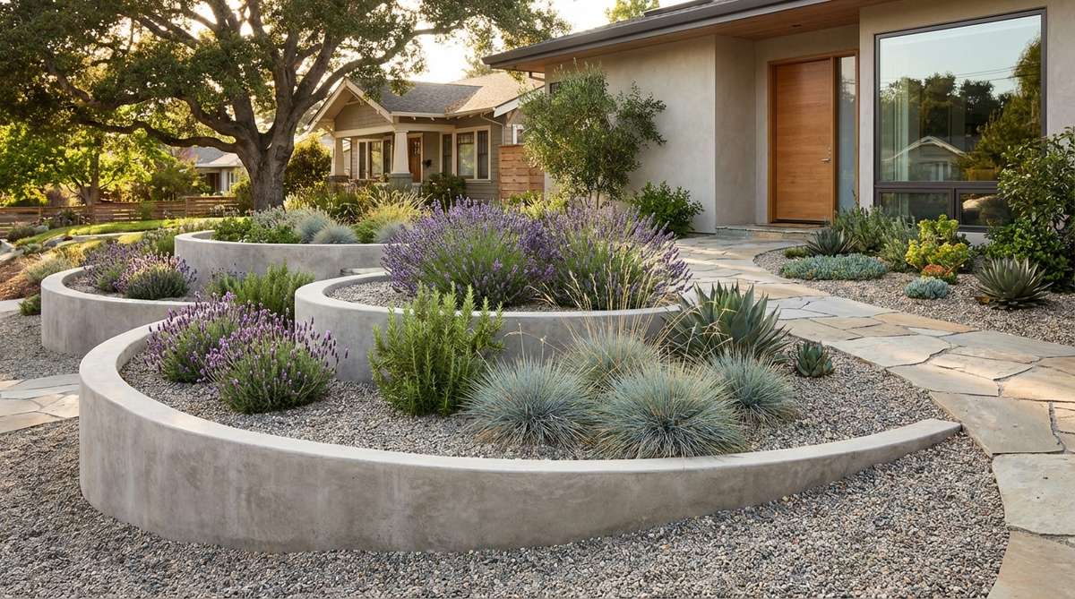 A modern front yard garden featuring gentle gravel terraces with low retaining walls in concrete or stone, showcasing drought-tolerant plants like lavender, rosemary, and ornamental grasses on a sloped lot.