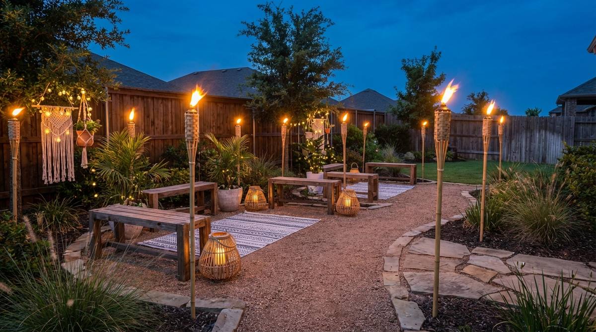 Bamboo tiki torches spaced along a garden party perimeter, creating ambient lighting with citronella fuel for insect protection. Flames provide primal, elemental quality to boho decorations.