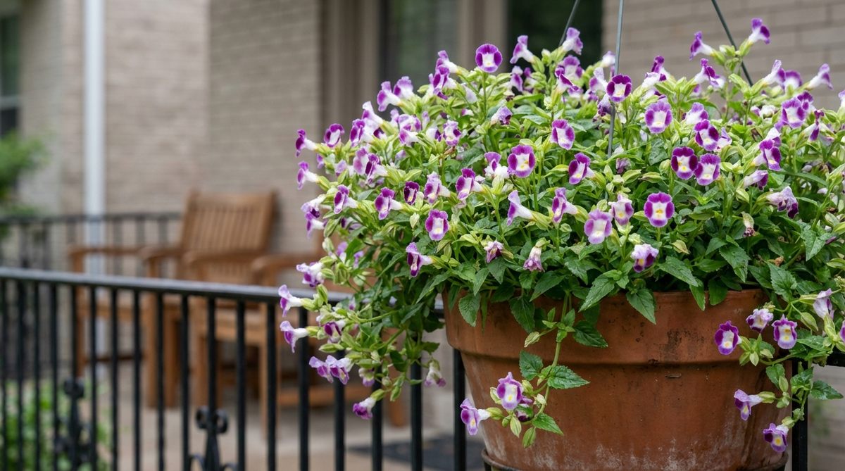 A close-up of Torenia, also known as Wishbone Flower, showcasing its two-tone blooms that resemble tiny snapdragons. This shade-loving annual thrives in urban balcony settings, ideal for hanging baskets or container edges, with self-cleaning flowers providing low-maintenance, season-long color.