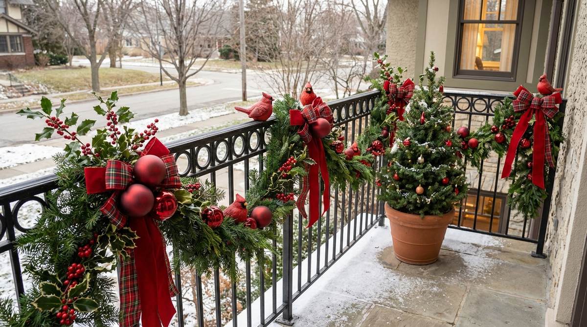 A classic Christmas balcony decorated in traditional red and green colors, featuring evergreen foliage with crimson ornaments, cardinal figurines, red velvet bows, plaid ribbons woven through garland, traditional glass ball ornaments in matte and glossy finishes, and natural holly branches with red berries.