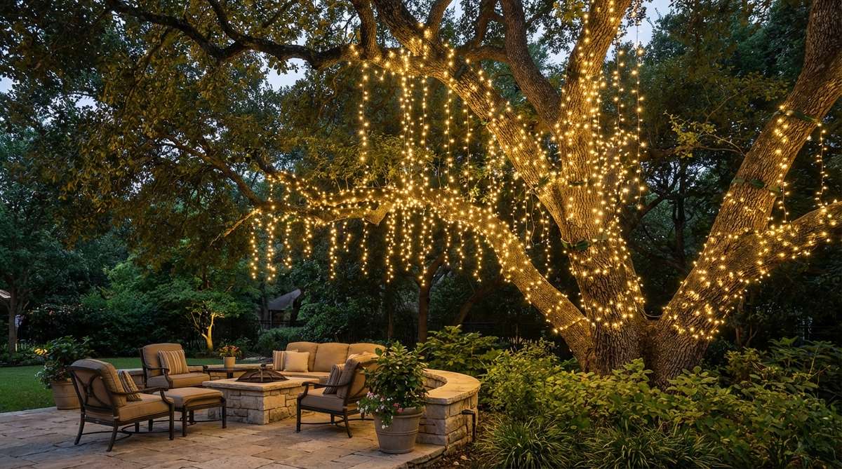 A serene garden scene with delicate fairy lights draped through the branches of a mature tree, mimicking starlight filtering through foliage. The LED micro-lights wrap around limbs and cascade vertically, providing subtle illumination that enhances the natural forms without overwhelming them. Outdoor-rated clips secure the wiring to prevent bark damage.