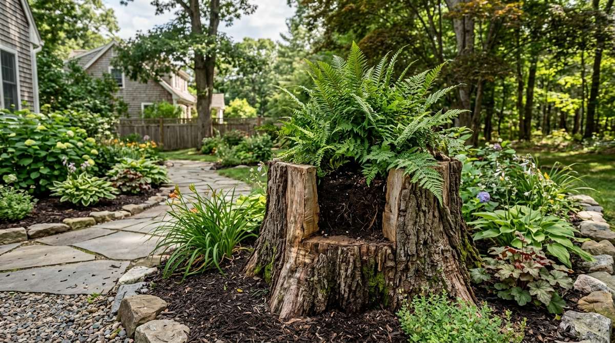 A rustic tree stump planter transformed into garden decor with ferns planted inside. Shows how to hollow a tree stump to create a natural planter with drainage and wood preservation for landscape design.