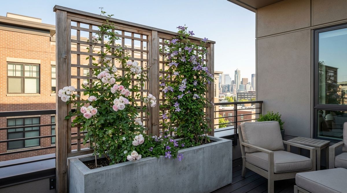 A freestanding wooden trellis panel installed in a large planter on an urban balcony, featuring perennial climbing roses or clematis for semi-permanent screening. The structure provides immediate privacy and support as the plants mature, with seasonal blooms softening the decorative frame.
