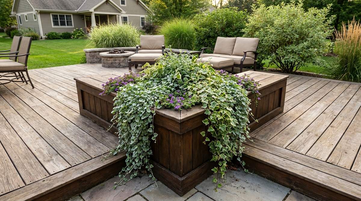 A triangular planter designed to fit perfectly into corner spaces on decks or patios, featuring trailing plants that soften edges and enhance outdoor decor.