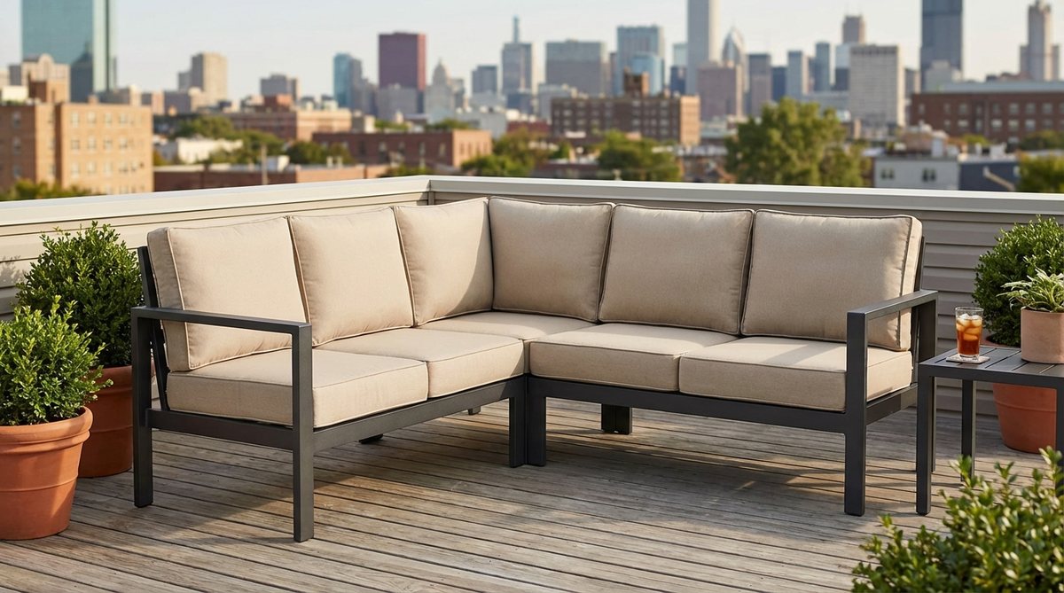 Compact L-shaped sectional sofa with aluminum frame and weather-resistant cushions, perfect for urban balcony seating. Modular design allows flexible configuration as corner sectional or linear sofa.