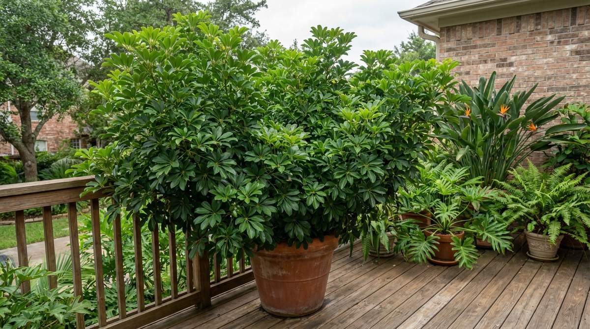 A lush umbrella tree (Schefflera) growing in a large container on a balcony, showing its dense umbrella-shaped leaf clusters forming a fast-growing privacy screen. The plant is well-maintained with bushy growth from pinched tips, thriving in high humidity alongside other tropical plants.