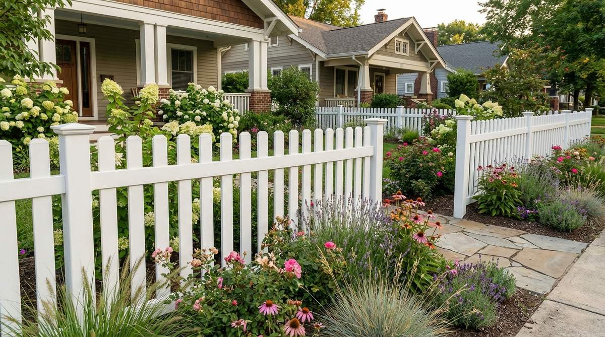 A contemporary picket fence with wider spacing, taller posts, and simplified caps in white vinyl or composite material, defining a front yard with cottage garden plantings.