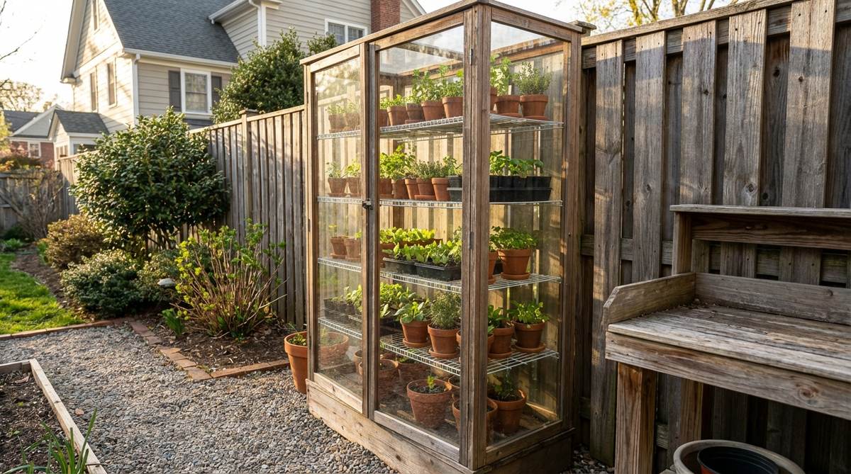 A narrow 3x6 foot vertical greenhouse tower with five to six shelf levels, featuring polycarbonate or glass panels on three sides for optimal light exposure. Positioned against a fence or wall for wind protection while maintaining southern exposure, each shelf accommodates multiple small pots or seed trays for maximum plant density in a small garden shed setup.