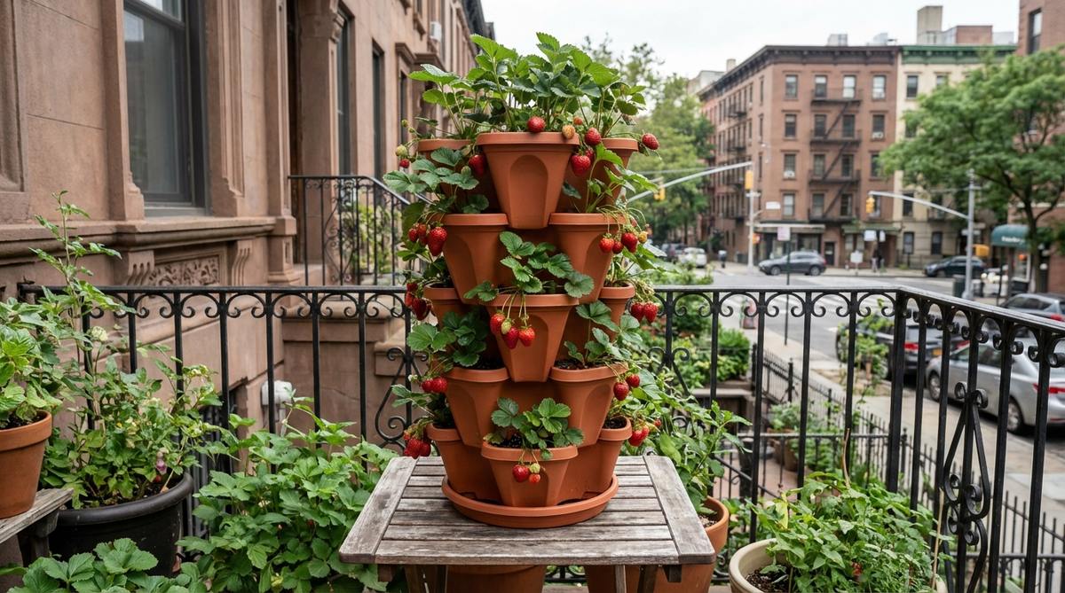 A vertical strawberry planter tower with stackable terracotta or resin pockets, showcasing multiple levels of strawberry plants producing fruit in a compact balcony garden setting in New York City.
