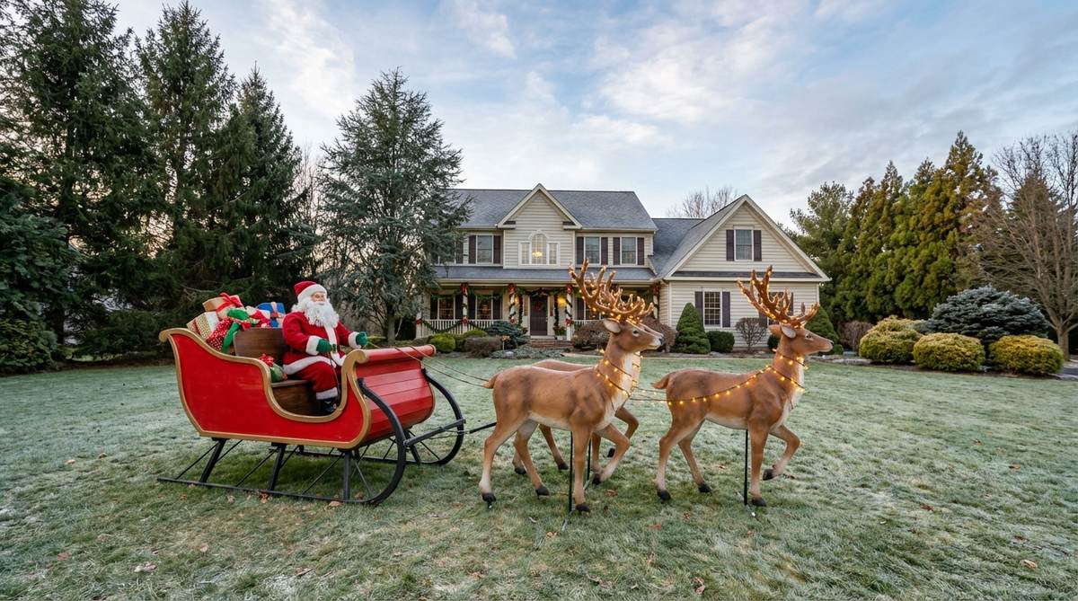 A classic vintage Santa sleigh display for outdoor Christmas decor, featuring a traditional Santa and reindeer setup that serves as a holiday focal point in front yards. This durable display is designed for secure staking against wind, with LED lighting options for 24-hour visibility, perfect for larger properties seeking timeless holiday appeal.