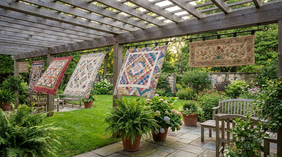 A vintage textile display featuring weather-treated antique quilts or tapestries hung in a garden setting, using fabric-safe clips or decorative rods for temporary installation under a pergola or for special events.