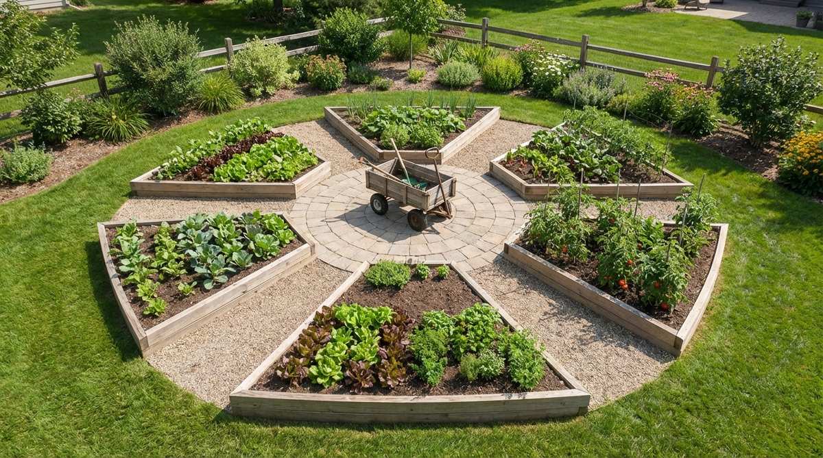 Aerial view diagram showing a mini garden bed designed like a wagon wheel with 6-8 narrow planting beds radiating outward from a central circular paved area. Each wedge-shaped bed measures 4-6 feet long and 18-24 inches wide, separated by paths that widen toward the outer edge. The central hub accommodates a garden cart or standing workspace, providing 360-degree access. The symmetrical pattern organizes crops by category in individual spokes, creating strong geometric appeal visible from above.