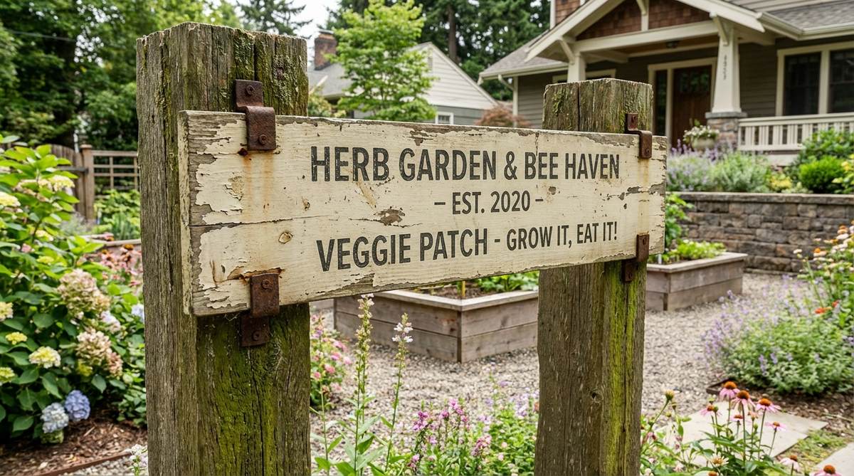 A hand-painted weathered wooden sign with rustic charm, featuring playful messages or garden labels. Mounted on posts or fence rails with distressed wood and rustic hardware, it adds personality and wayfinding to outdoor spaces.
